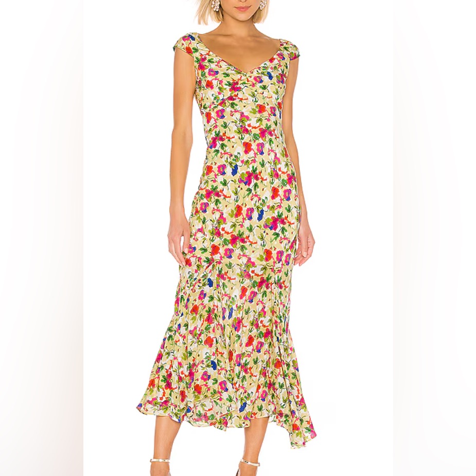 Saloni Daphne C Dress Lemon Poppies Womens Maxi Floral Long Size 0 Xs
